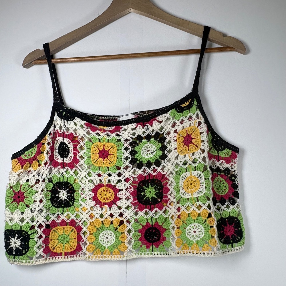 Ragstock WoWo Granny Square Crop Tank Top Multi Color 100% Cotton Sz Lg